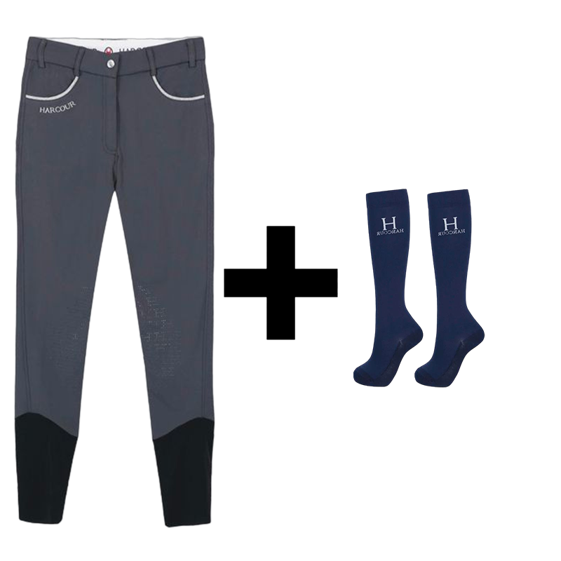 Harcour - Pack pantalon d'équitation femme Jaltika gris foncé + chaussettes d'équitation Hickstead marine | - Ohlala