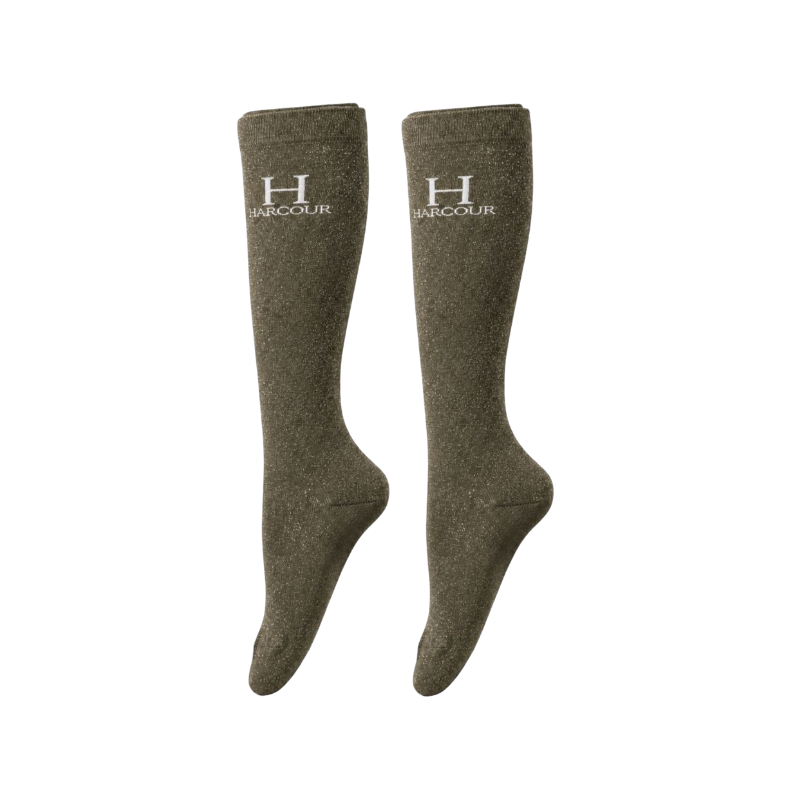 Harcour - Chaussettes d'équitation Happy à pailettes vert olive (x2)