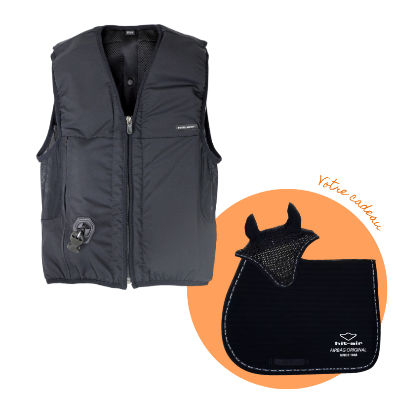 Hit Air - Pack gilet airbag Airflex enfant noir + tapis de selle et bonnet pour chevaux noir et silver