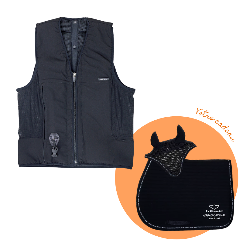 Hit Air - Pack gilet airbag Airflex noir + tapis de selle et bonnet pour chevaux noir et silver