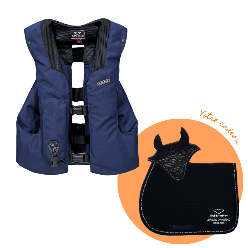Hit Air - Pack gilet airbag MLV3 marine + tapis de selle et bonnet pour chevaux noir et silver