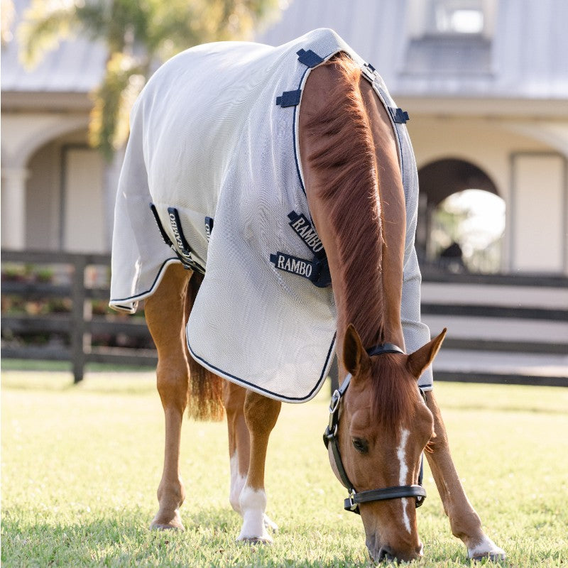 Horseware - Couverture anti-mouches Rambo Protector Fieldsafe argent/ marine/ blanc/ beige | - Ohlala