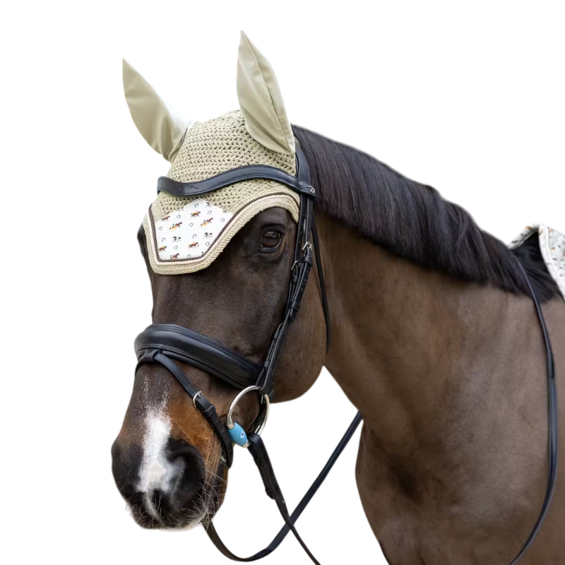 Kentucky Horsewear - Bonnet pour chevaux Wellington Velvet anti-mouches imprimé cheval beige
