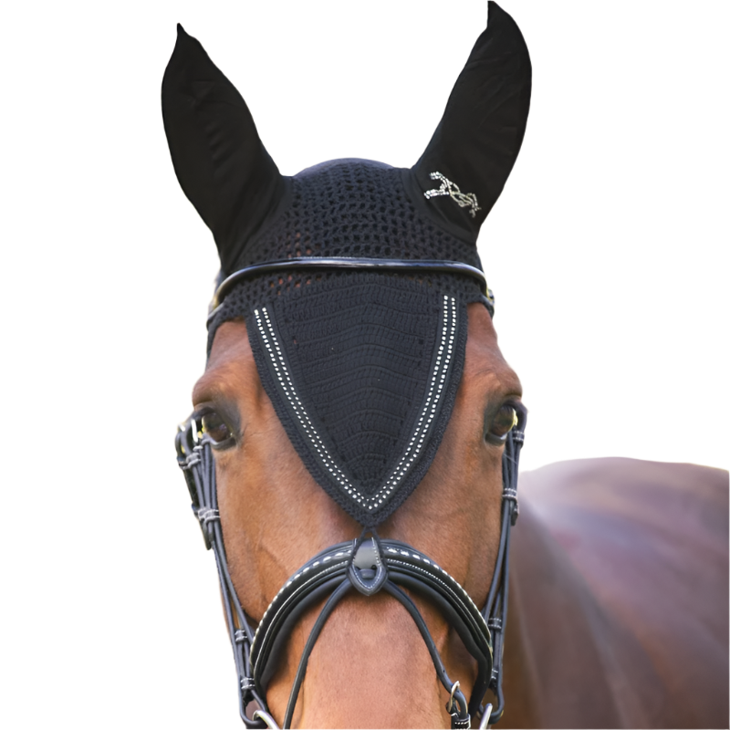 Bandeau Pailleté Pour Cheval/poney – Cuir, Une Rangée De Strass, Noir/argent, Forme Anatomique