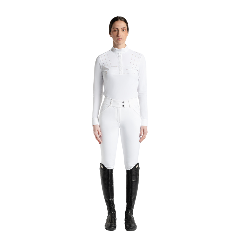 RG Italy - Polo de concours manches longues femme Strass Button blanc