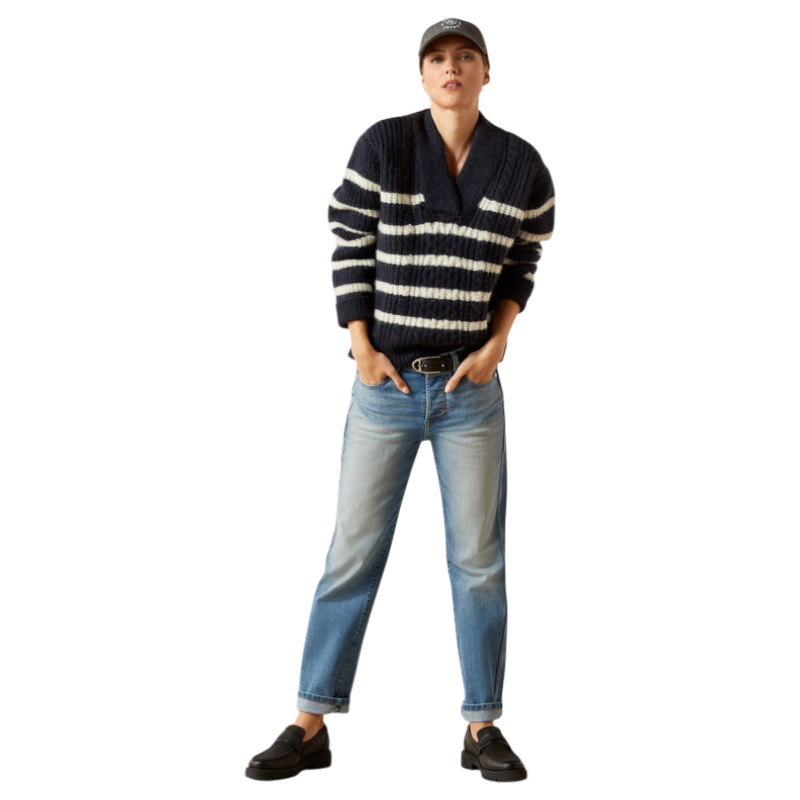 Ariat - Pull col V femme Arley navy cream stripe | - Ohlala