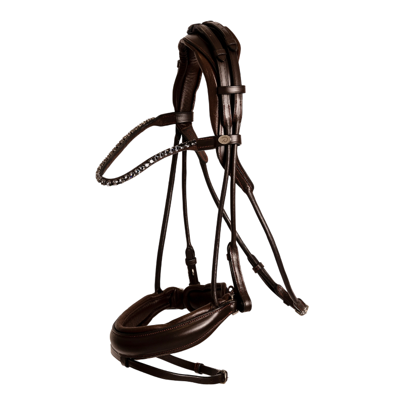 Dyon - Bridon muserolle large Round avec frontal à cristaux marron