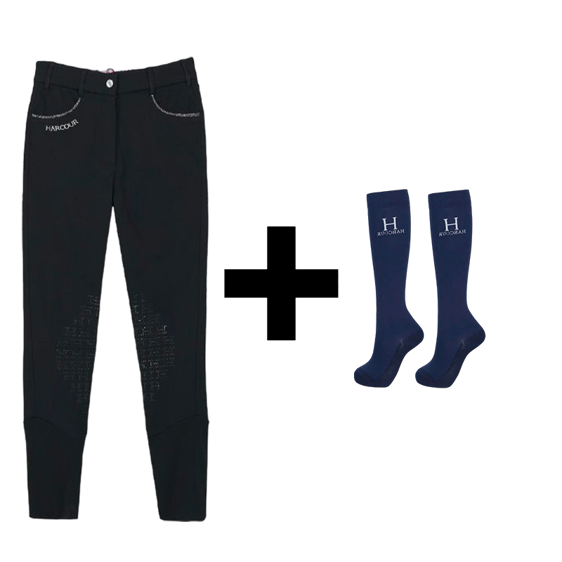 Harcour - Pack pantalon d'équitation femme Jaltika noir + chaussettes d'équitation Hickstead marine