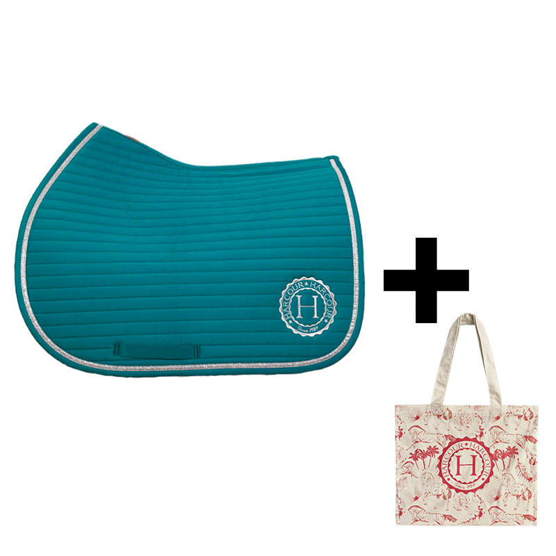 Harcour - Pack tapis de selle Karembar bleu canard + tote bag Galia rose