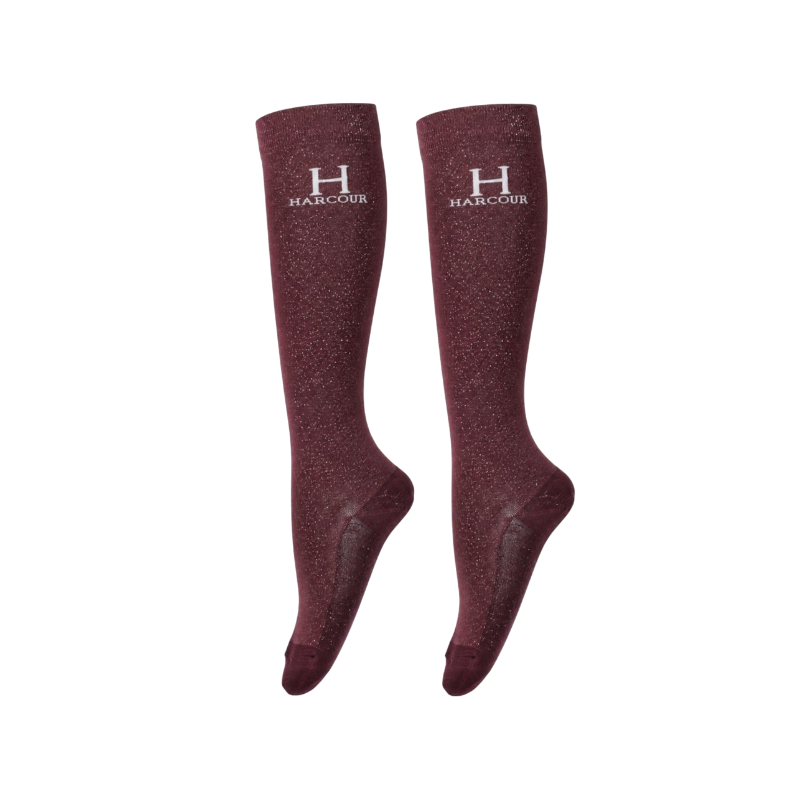 Harcour - Chaussettes d'équitation Happy à pailettes aubergine (x2)