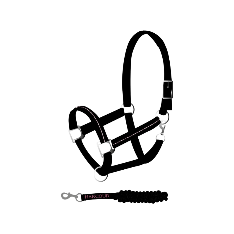 Harcour - Licol et longe Amour Octobre Rose noir/ rose