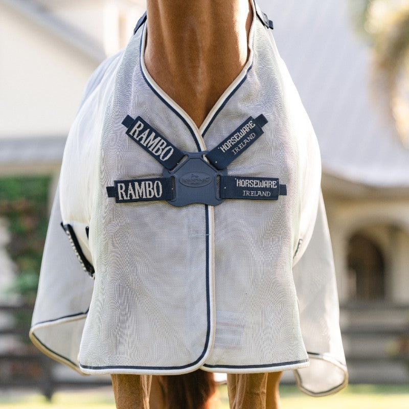 Horseware - Couverture anti-mouches Rambo Protector Fieldsafe argent/ marine/ blanc/ beige