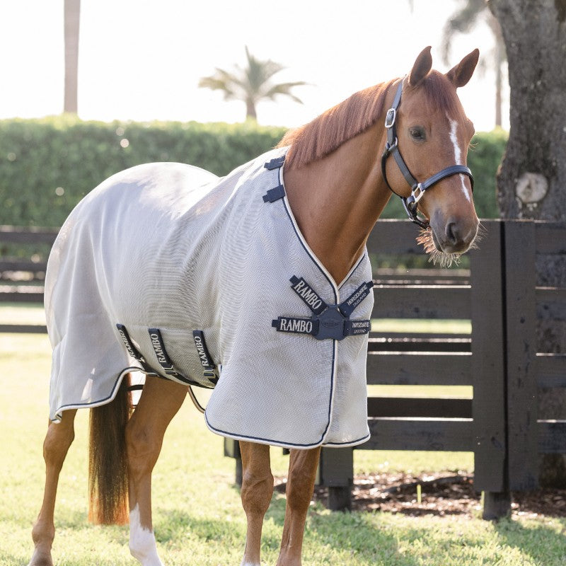 Horseware - Couverture anti-mouches Rambo Protector Fieldsafe argent/ marine/ blanc/ beige