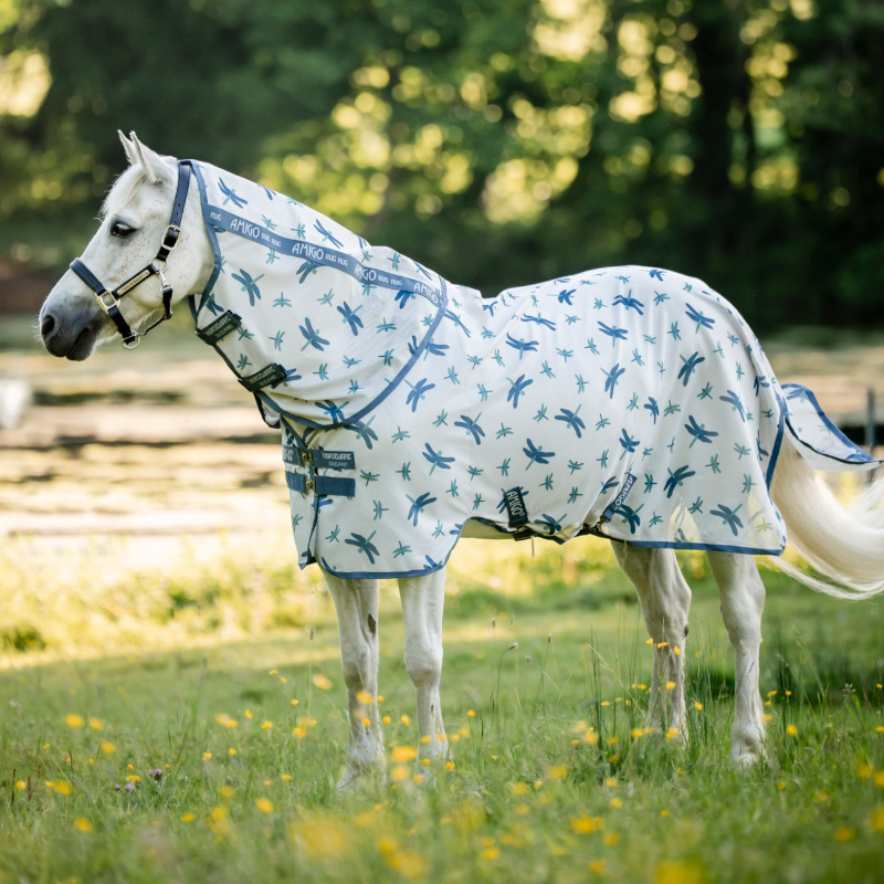 Horseware - Couverture anti-mouches Amigo Bug Rug Plus Pony dragonfly print/ argent/ bleu/ sauge | - Ohlala