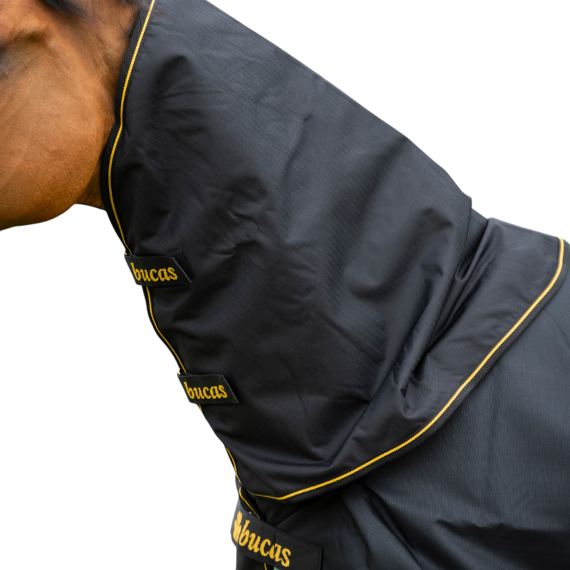 Bucas - Couverture d'extérieur Irish Turnout 300 noir/ gold couvre cou amovible 300g