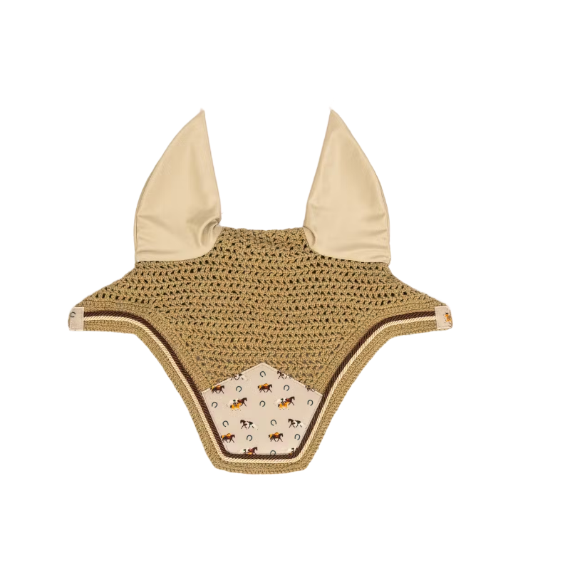 Kentucky Horsewear - Bonnet pour chevaux Wellington Velvet anti-mouches imprimé cheval beige