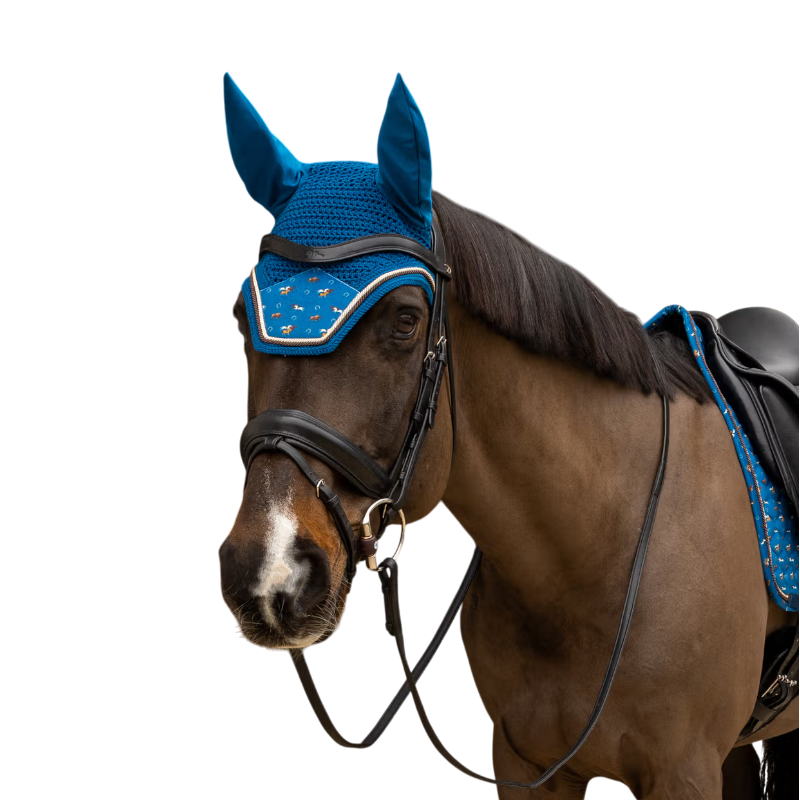 Kentucky Horsewear - Bonnet pour chevaux Wellington Velvet anti-mouches imprimé cheval marine