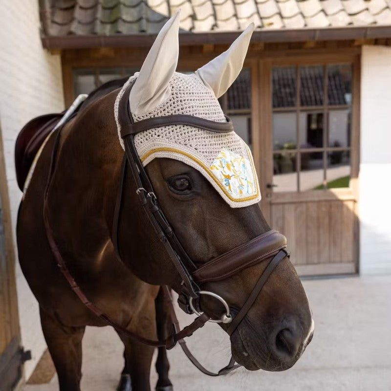 Kentucky Horsewear - Bonnet pour chevaux Wellington Velvet Printing spring leaves whispers marron/ blanc