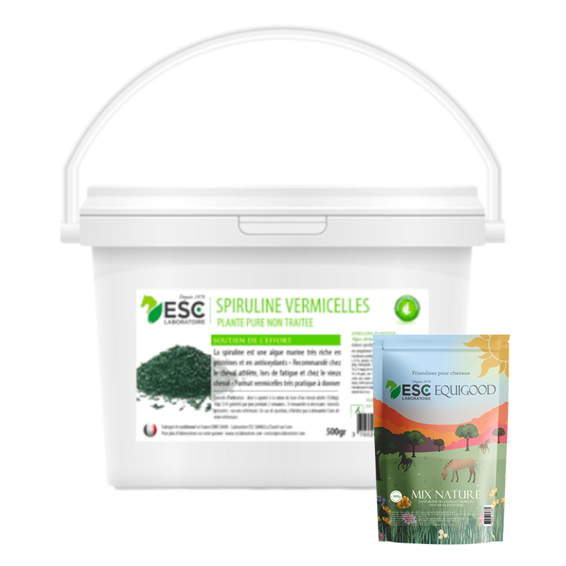 ESC Laboratoire - Pack complément alimentaire Spiruline vermicelles + friandises Equigood Mix