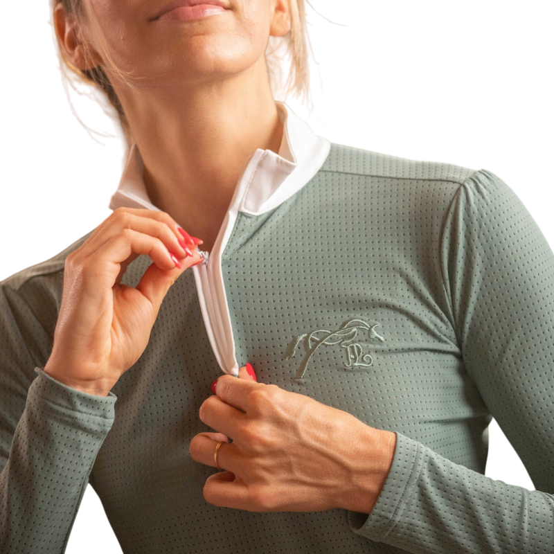 Pénélope - Dames polo lange mouwen Bruges Mesh saliegroen
