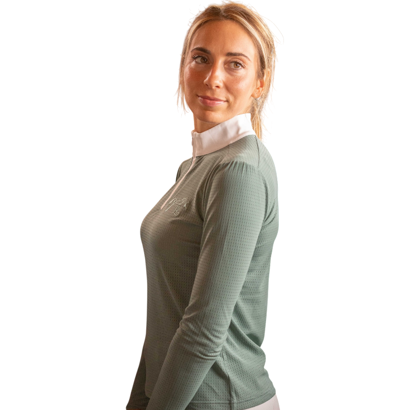 Pénélope - Dames polo lange mouwen Bruges Mesh saliegroen