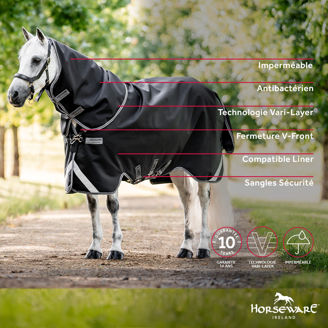 Horseware - Couverture d'extérieur Rambo Supreme Turnout Plus noir/ thunderstorm grey/ silver 50g | - Ohlala
