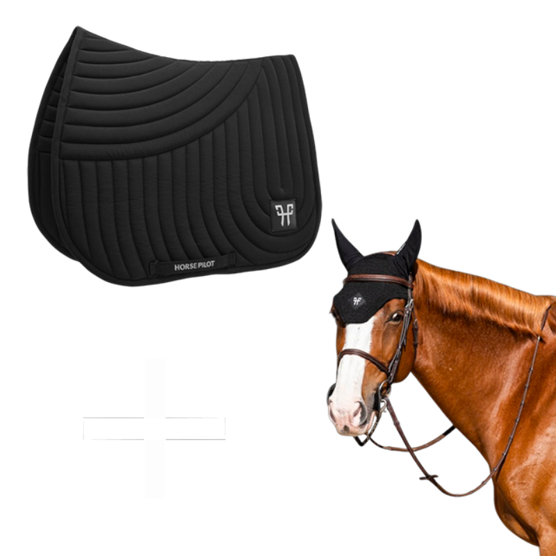 Horse Pilot - Pack tapis de selle Ergonomic et bonnet pour chevaux noir