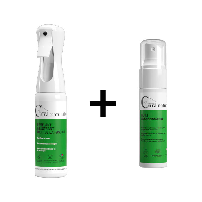 Cura Naturale - Pack Démêlant et lustrant pour chevaux fruit de la passion + Huile nourrissante